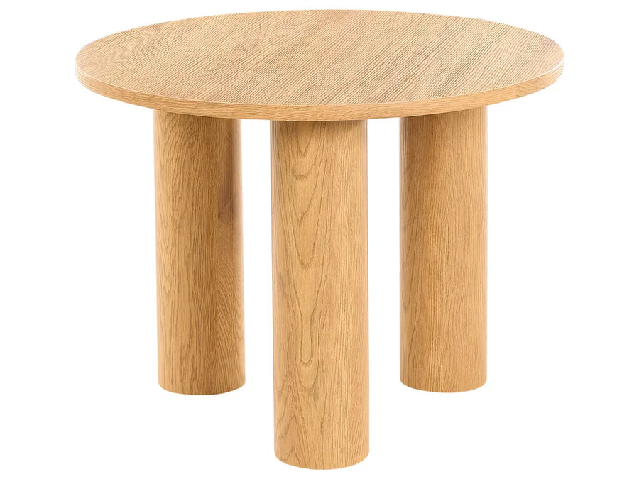 Wooden round table with four legs on a white background