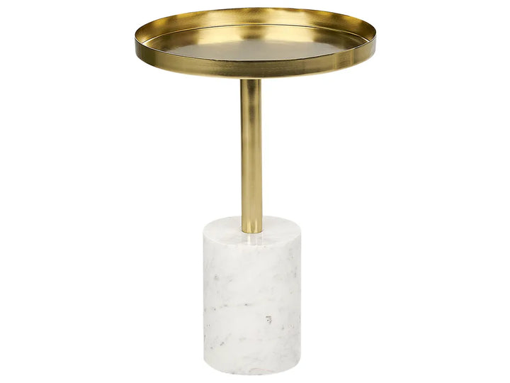 Small round table with gold rim and marble base on a white background