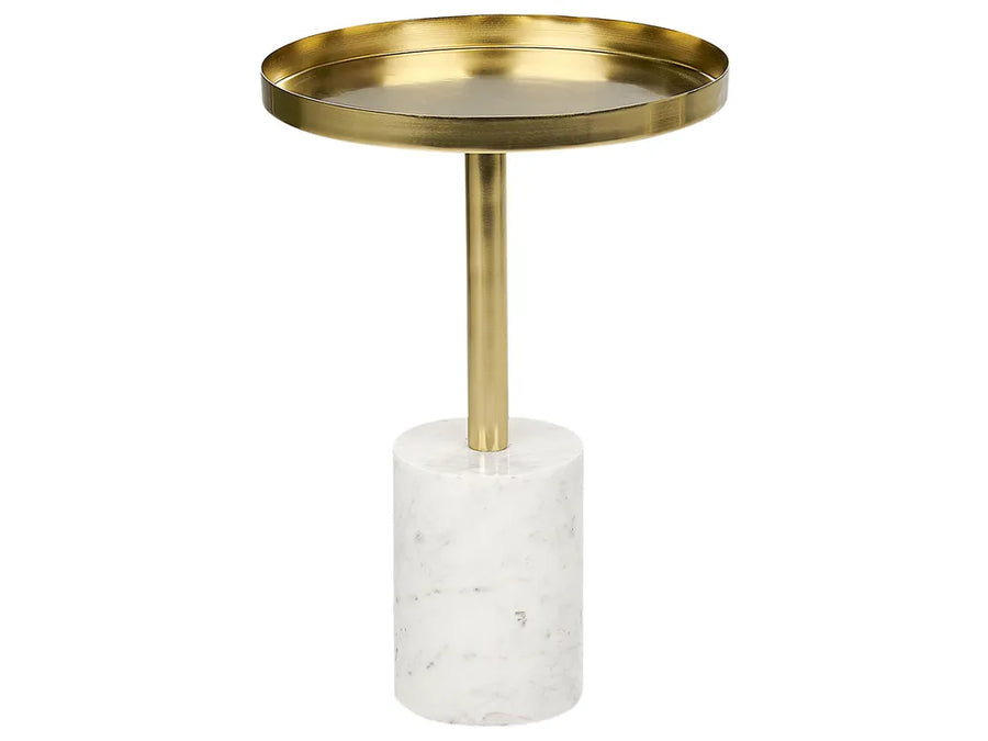 Small round table with gold rim and marble base on a white background