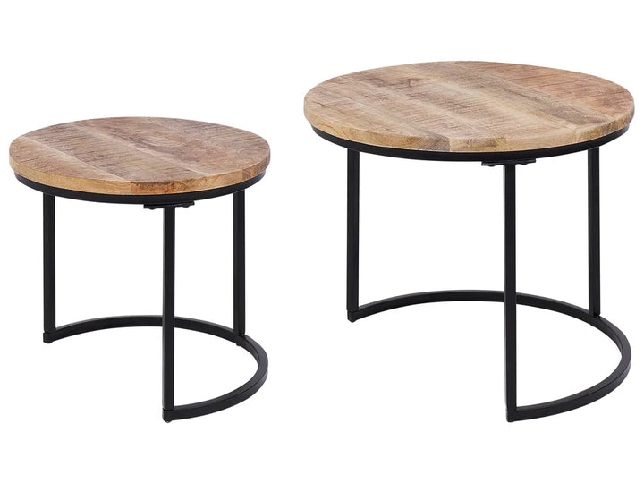 Two round wooden tables with metal legs on a white background
