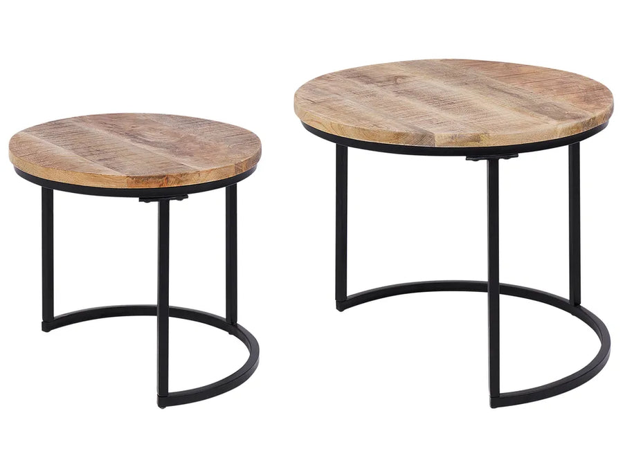 Two round wooden tables with metal legs on a white background