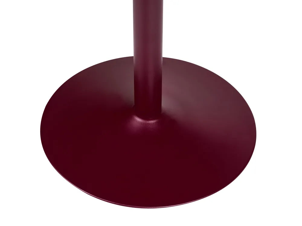 Close-up of a dark red metal pedestal base on a white background