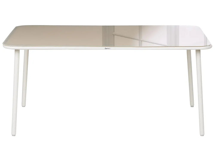White dining table with a reflective surface on a white background