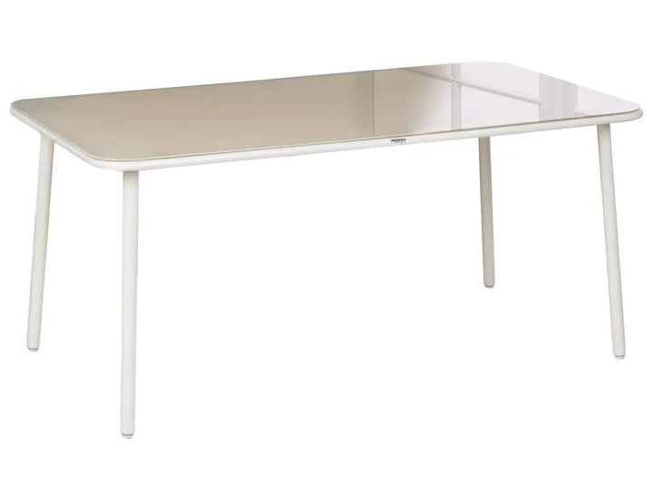 Rectangular table with a beige top and white legs on a white background