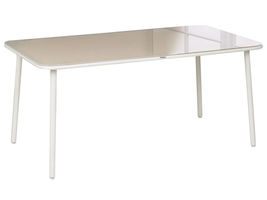 Rectangular table with a beige top and white legs on a white background