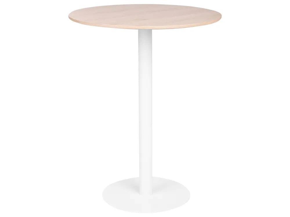 Round table with a light wood top and white base on a white background