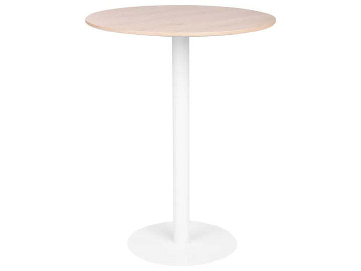 Round table with a light wood top and white base on a white background