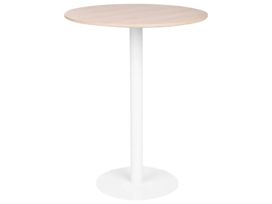 Round table with a light wood top and white base on a white background