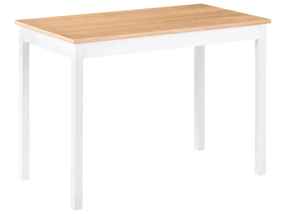 Rectangular table with wooden top and white legs on a white background