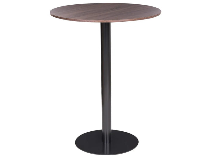 Round bar table with wooden top and black metal legs on a white background