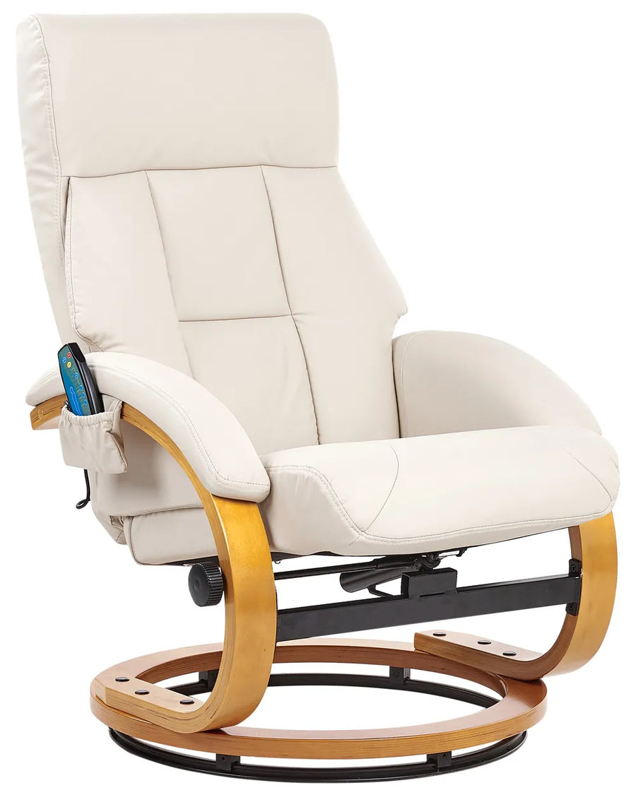 White recliner chair with wooden armrests on a white background