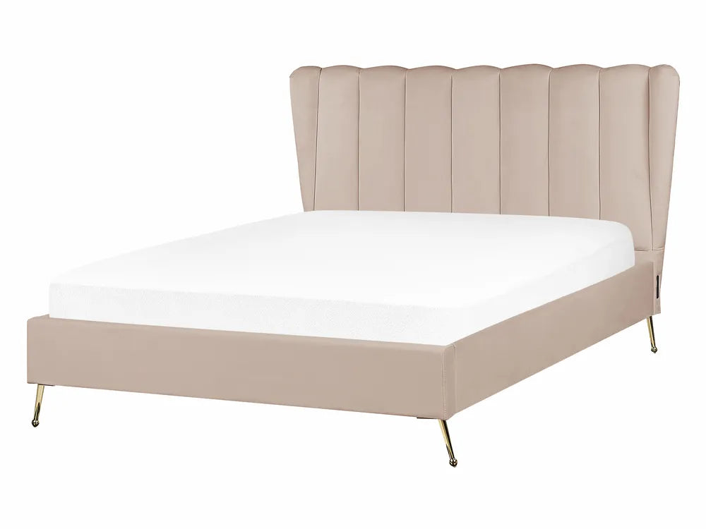 Beige upholstered bed with white mattress on a white background