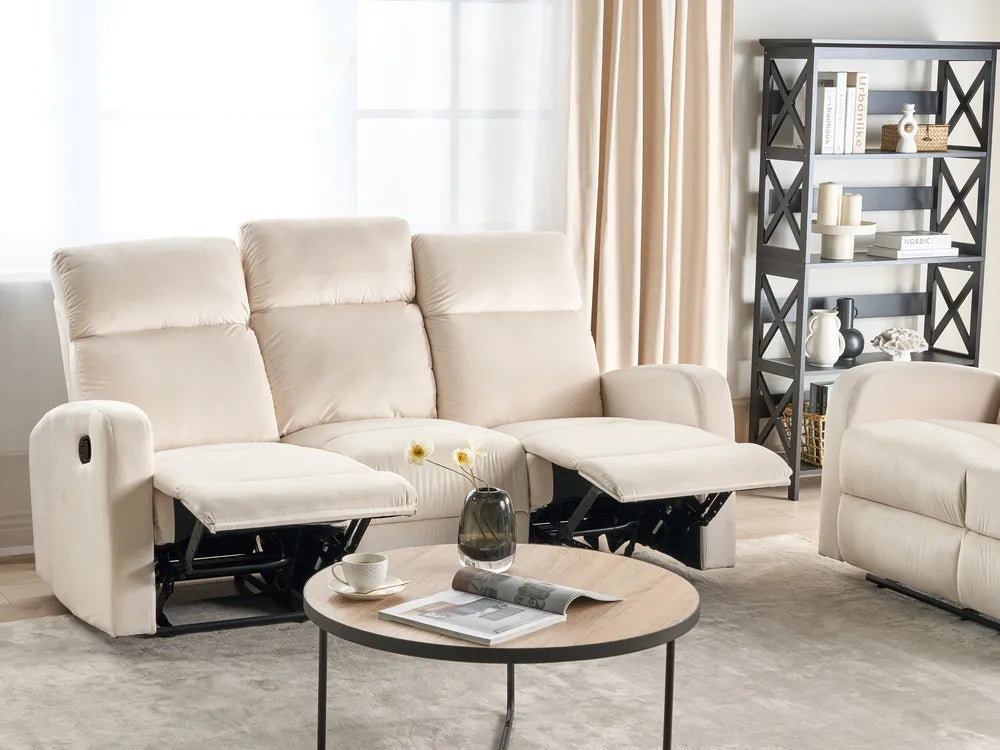 Manual Recliner Sofa 3 Seater Velvet Off-White Linnzi
