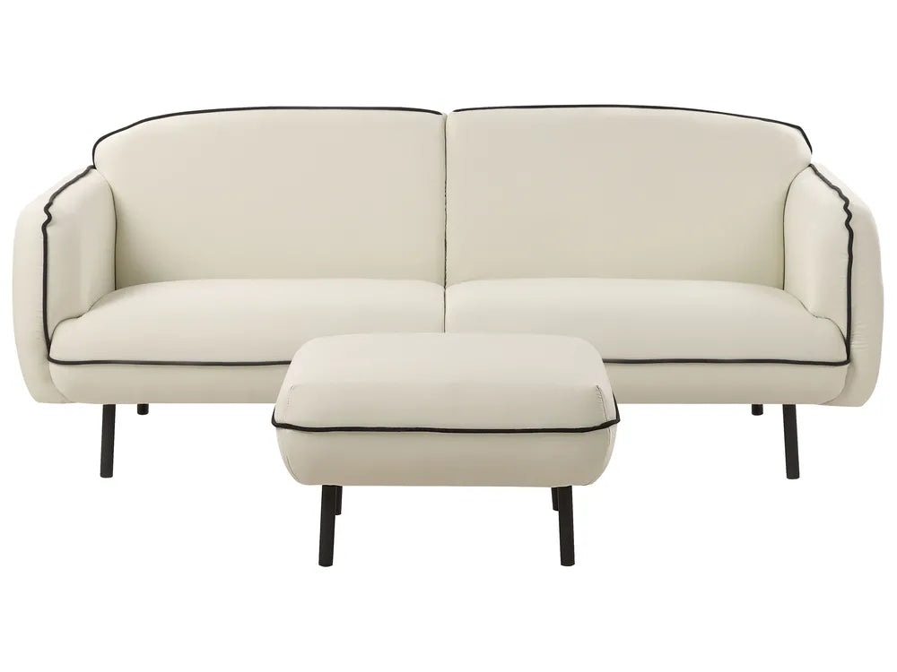 Beige sofa with matching ottoman on a white background