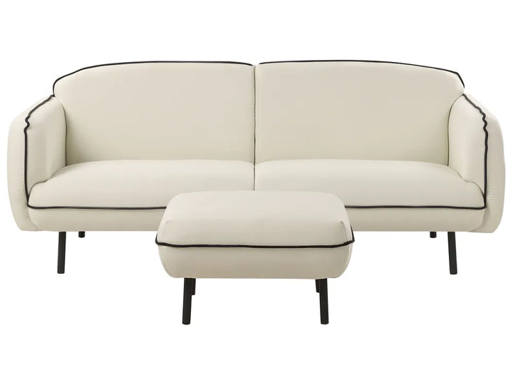 Beige sofa with matching ottoman on a white background