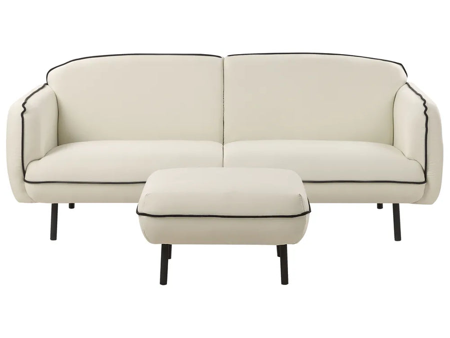 Beige sofa with matching ottoman on a white background