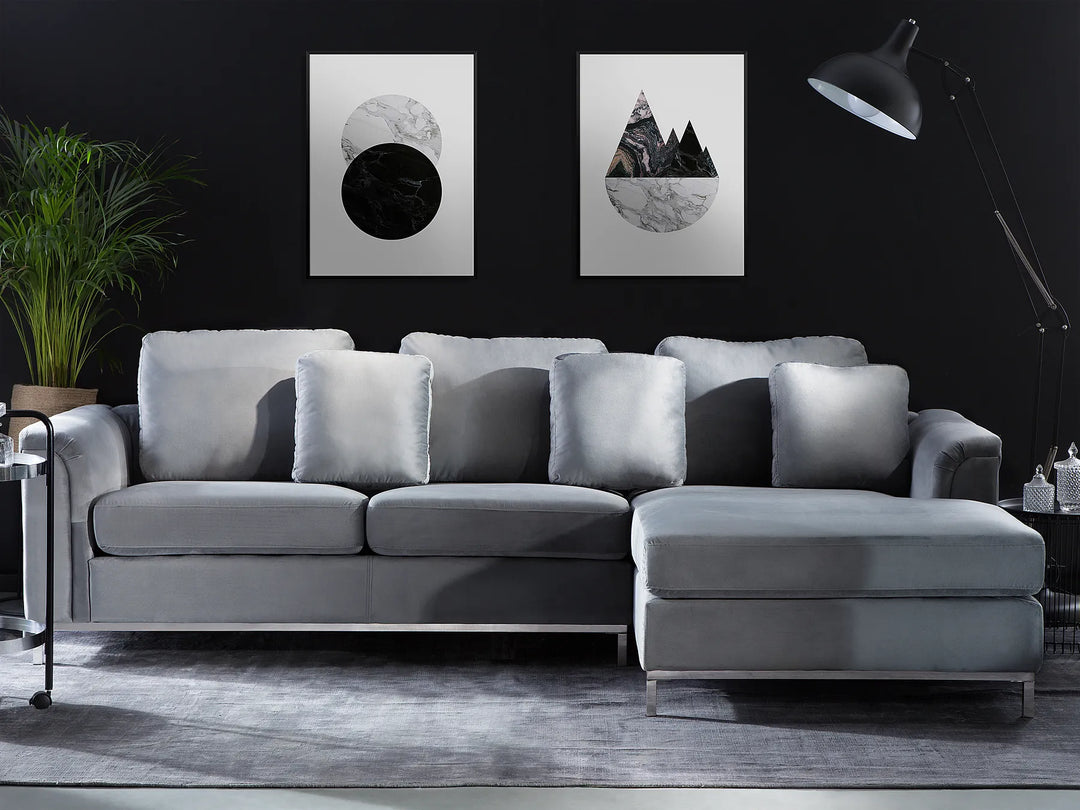 Gray sectional sofa in a living room with black walls, plants, and a lamp.