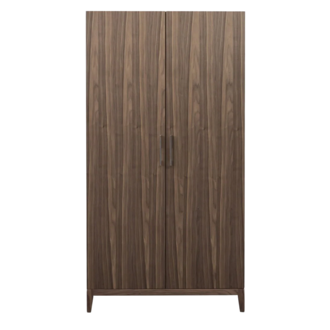 Wooden cabinet with a dark brown finish on a white background