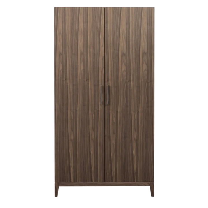 Wooden cabinet with a dark brown finish on a white background