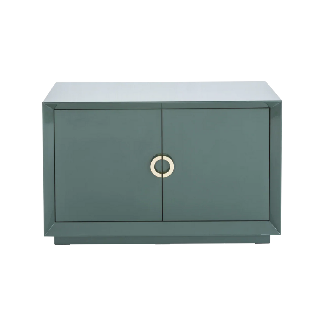 Green cabinet with a gold handle on a white background