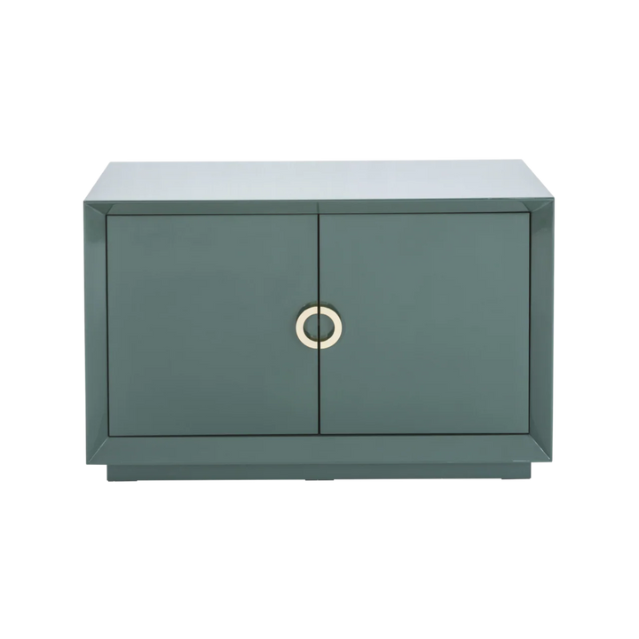 Green cabinet with a gold handle on a white background