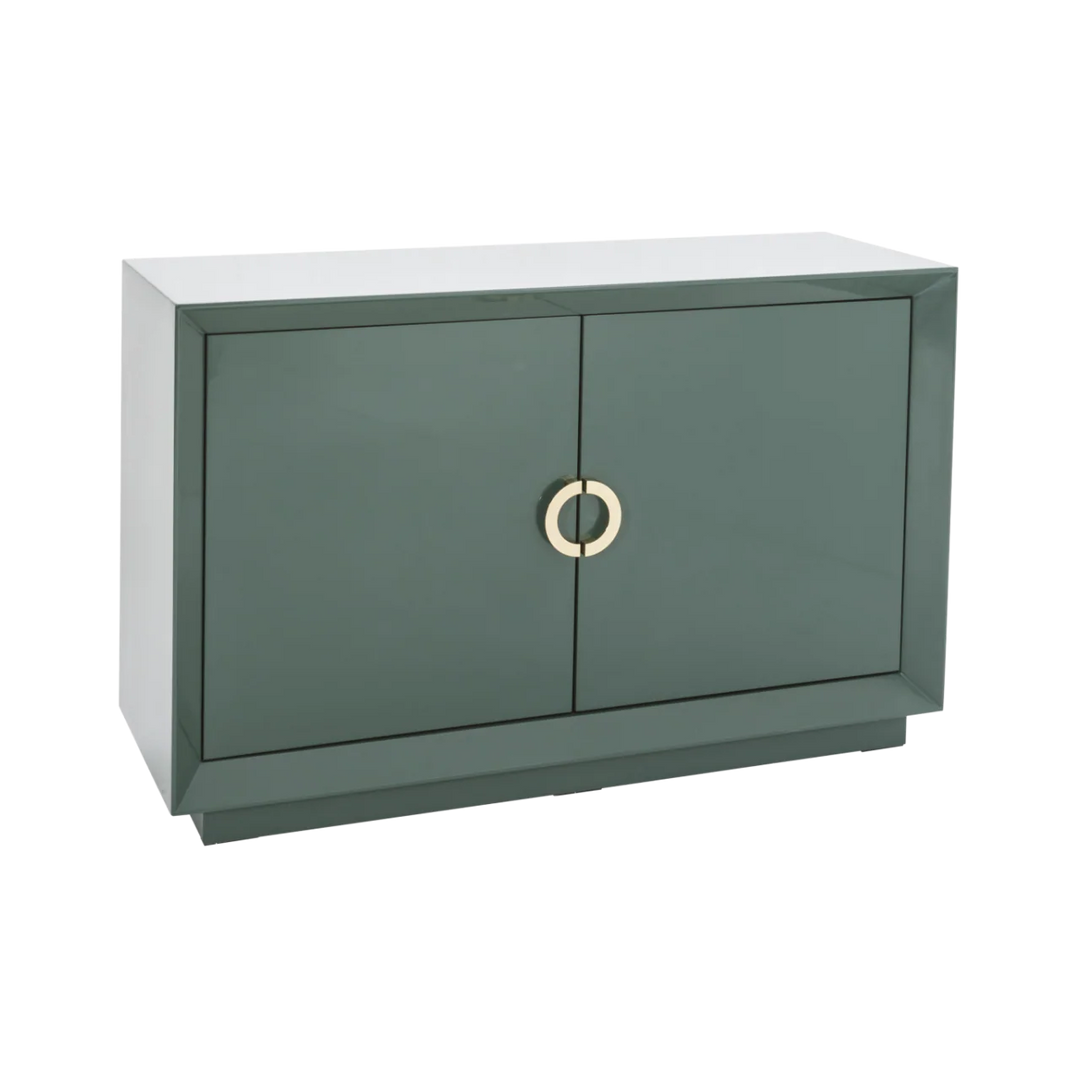 Green cabinet with a gold handle on a white background