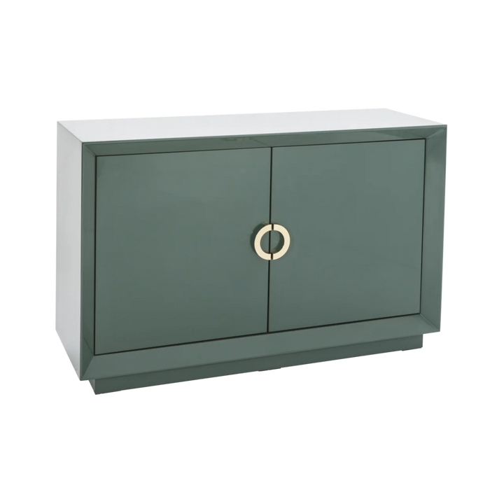 Green cabinet with a gold handle on a white background