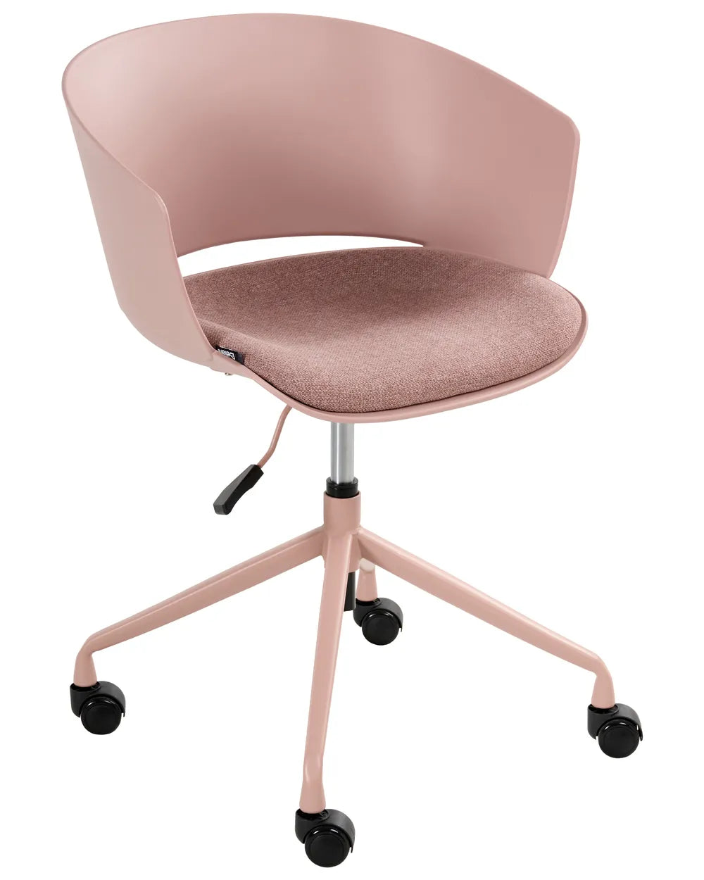 Pink office chair with wheels on a white background