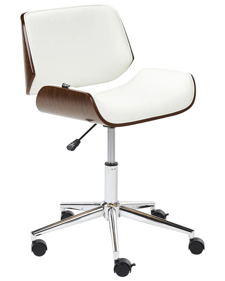 Modern office chair with white seat and backrest, wooden armrests, and chrome base on a white background.