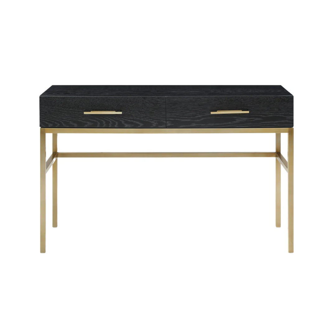 Console table with black marble top and gold frame on a white background
