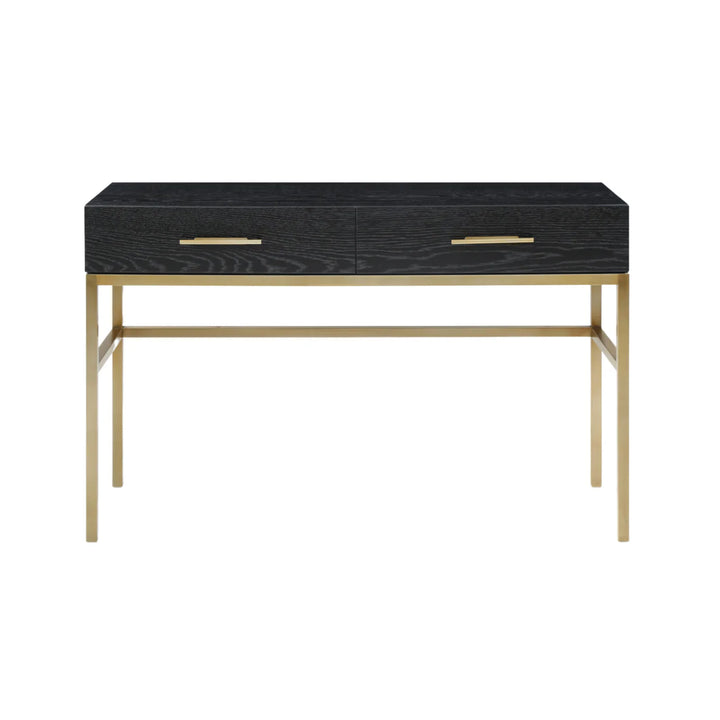 Console table with black marble top and gold frame on a white background
