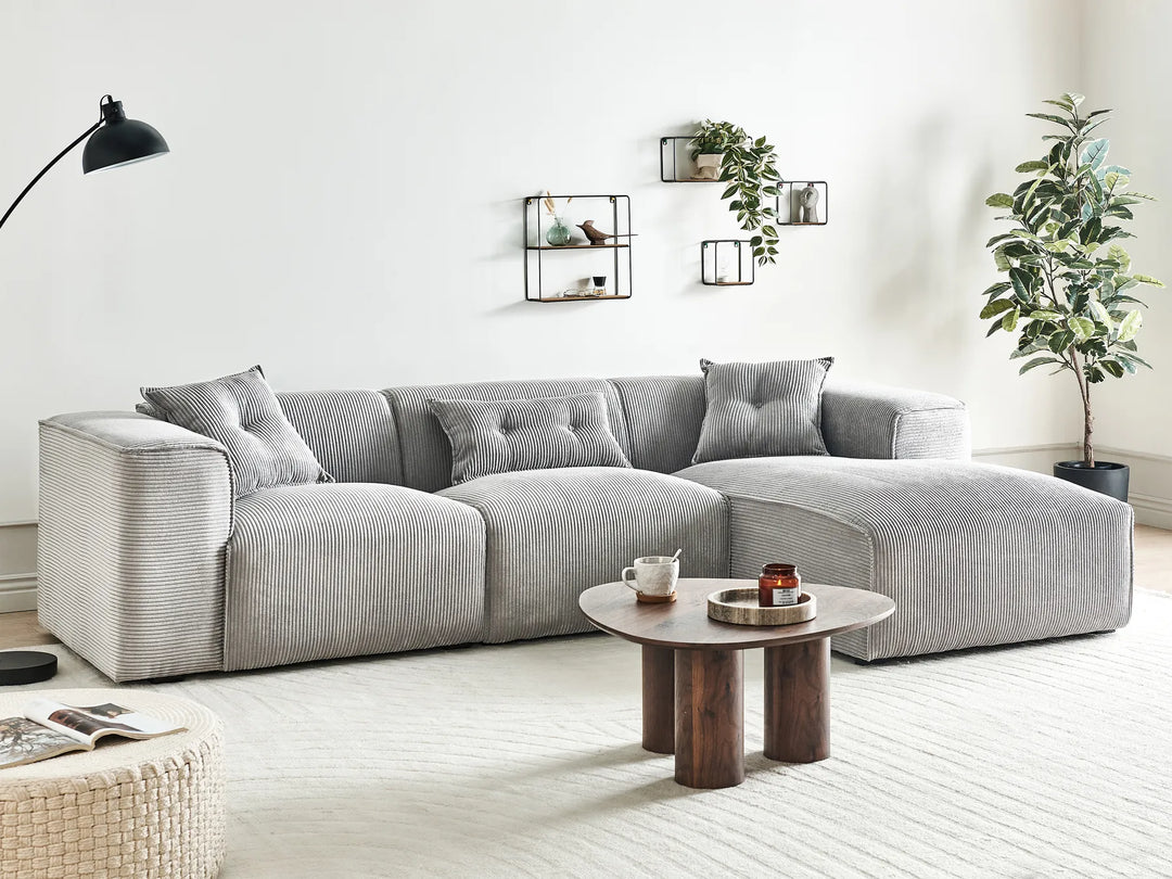 Light grey jumbo cord corner sofa, left-hand layout