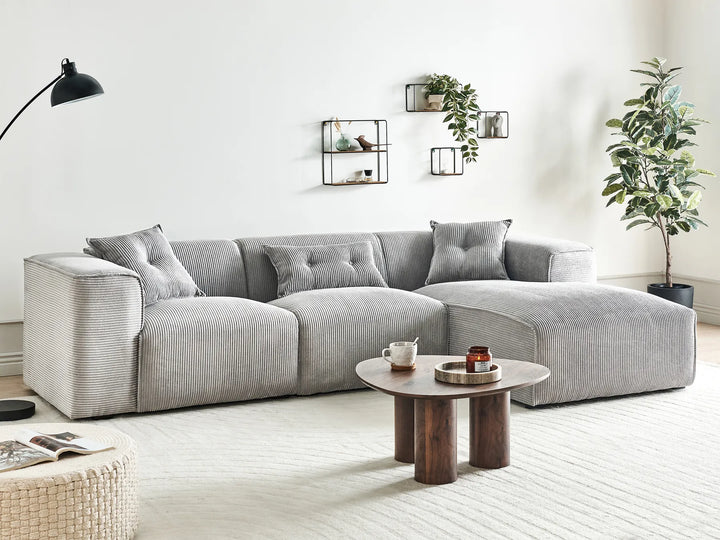 Light grey jumbo cord corner sofa, left-hand layout
