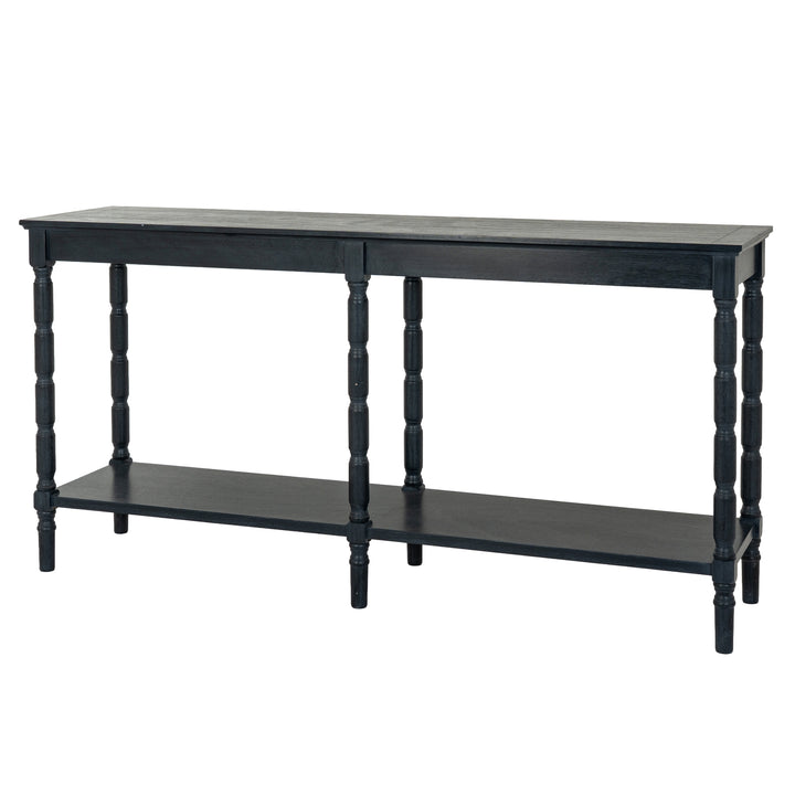 Black console table with a shelf on a white background
