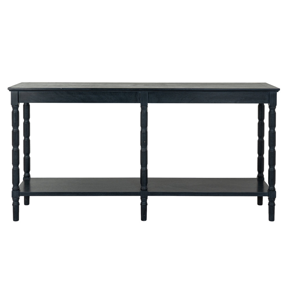 Black console table with a shelf on a white background