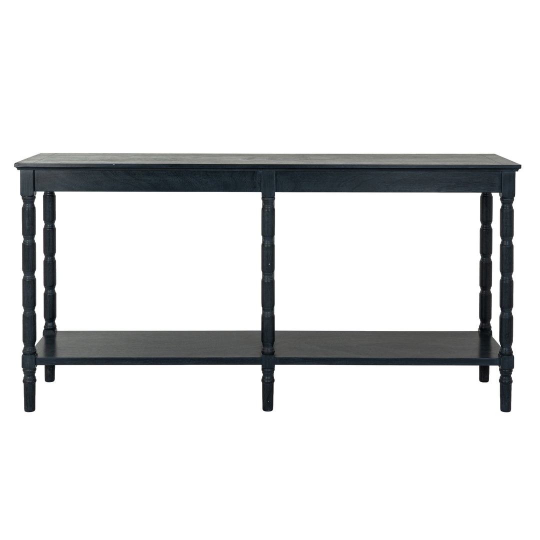 Black console table with a shelf on a white background