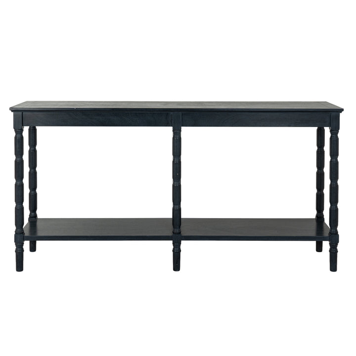 Black console table with a shelf on a white background