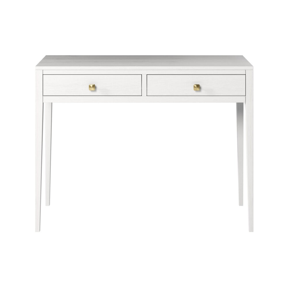 White console table with two drawers on a white background
