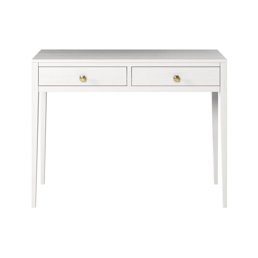 White console table with two drawers on a white background