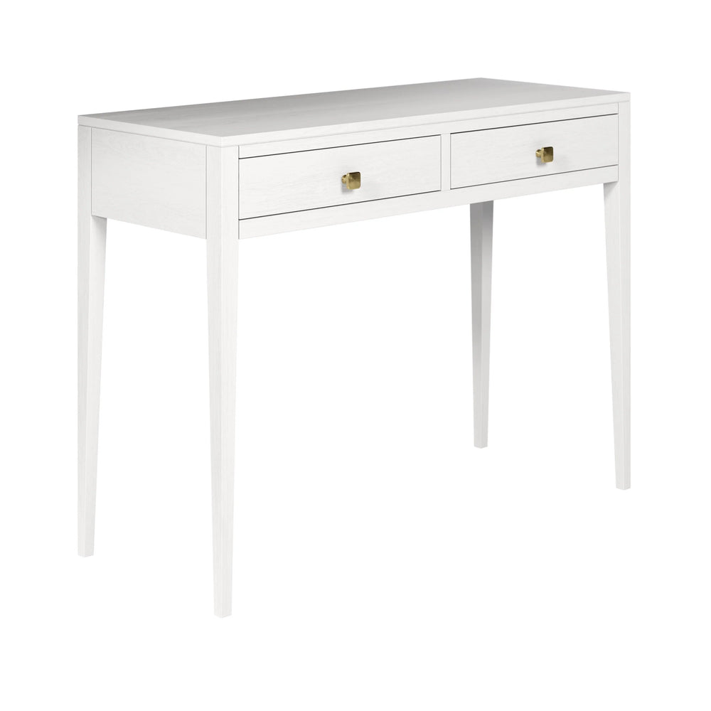 White desk with two drawers on a white background
