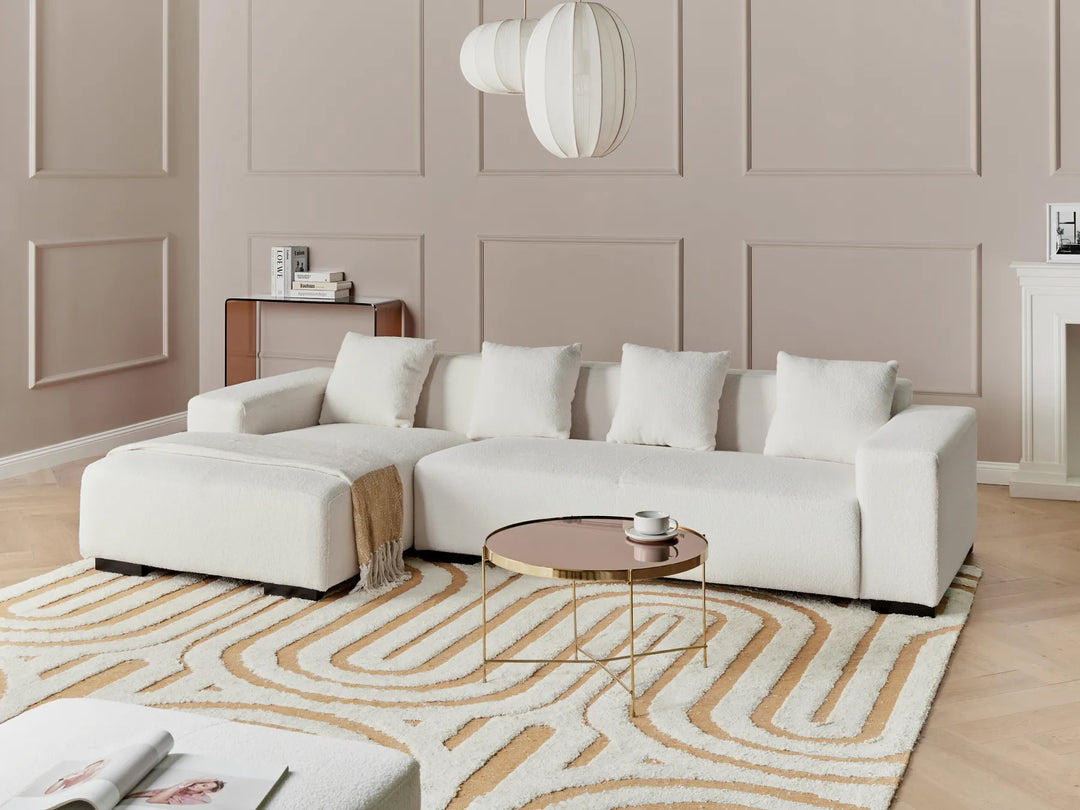 Modern right-hand corner sofa in white bouclé fabric with removable cushion covers