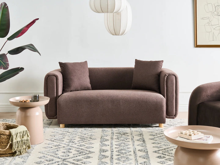2 seater dark brown sofa with soft upholstery and modern retro style