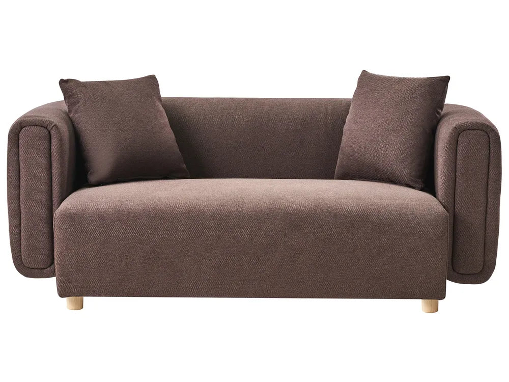 dark brown fabric 2 seater sofa with rounded design and cushions