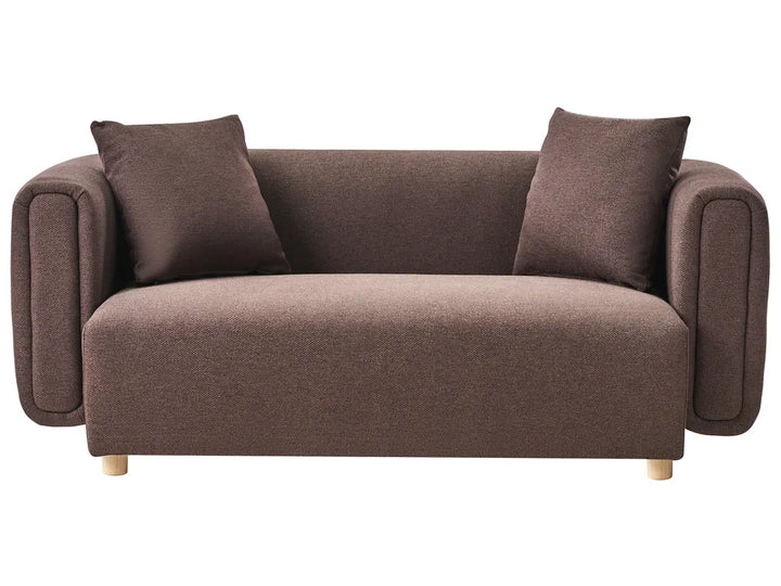 dark brown fabric 2 seater sofa with rounded design and cushions