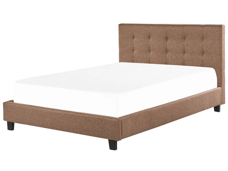 Brown upholstered bed with white mattress on a white background
