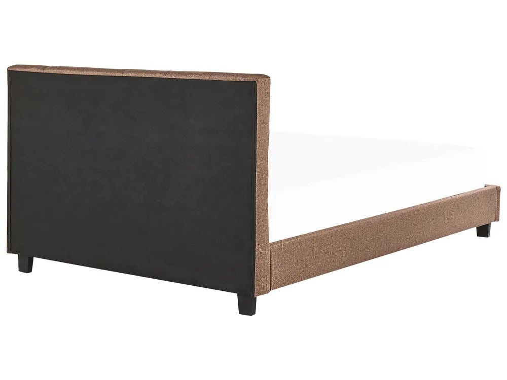 Bed frame with black upholstered headboard and brown upholstered footboard on a white background