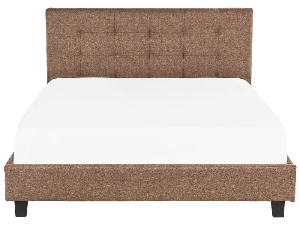 Brown upholstered bed with white mattress on a white background