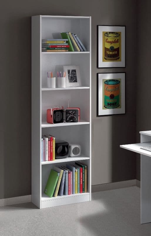 White bookshelf with books and decorative items against a gray wall.