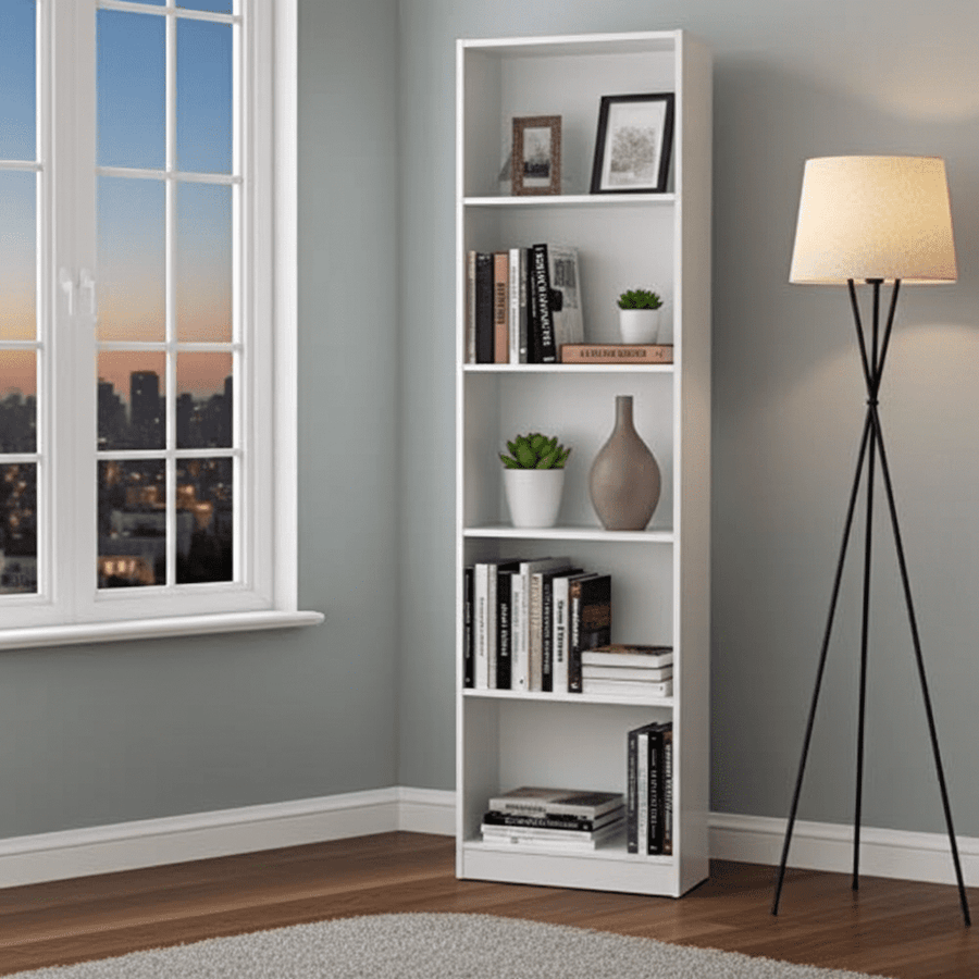 White bookshelf with books and decor items next to a window with a cityscape view.