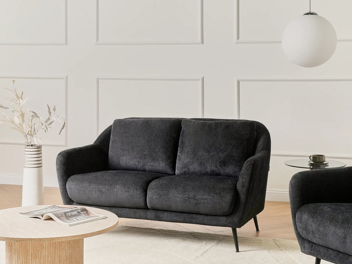 2 seater black fabric sofa with thick cushions and sleek design